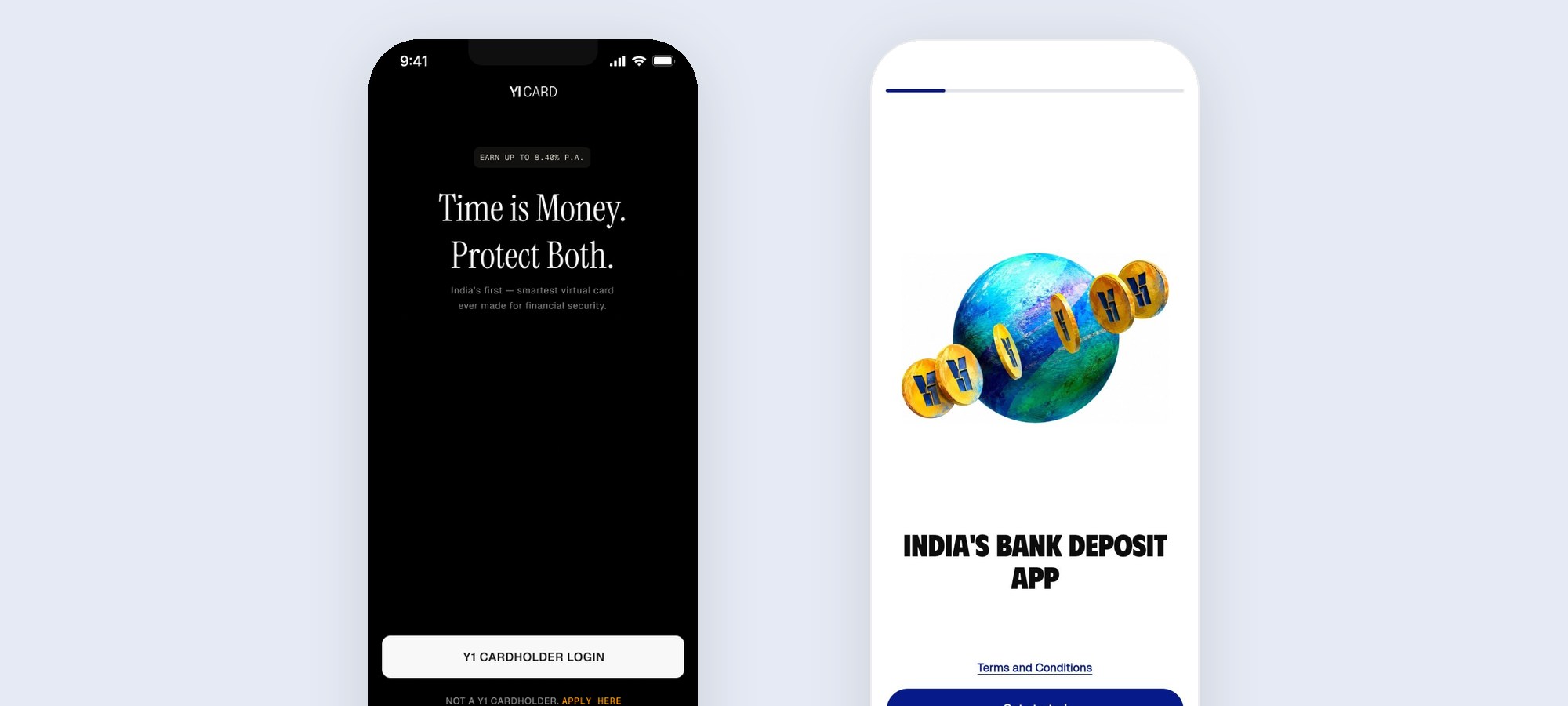The first Y1 design, black, with Y1 CARD and a cardholder login button, next to the live app, white, with a globe ringed by Y1 coins and the words India's bank deposit app