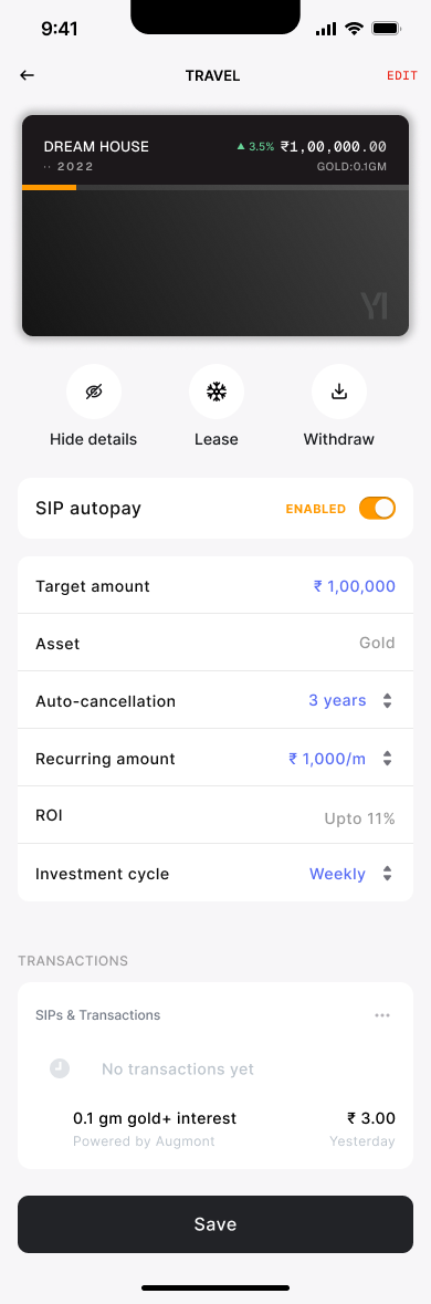 A Dream House card in detail: target, asset, recurring amount and returns