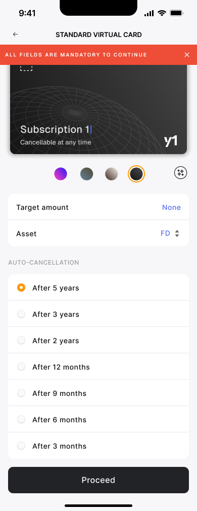Create a virtual card: name, colour, target amount, asset and end date
