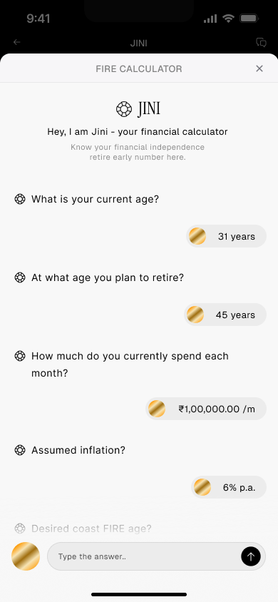 JINI's FIRE calculator chat: age, retirement age, monthly spend and inflation
