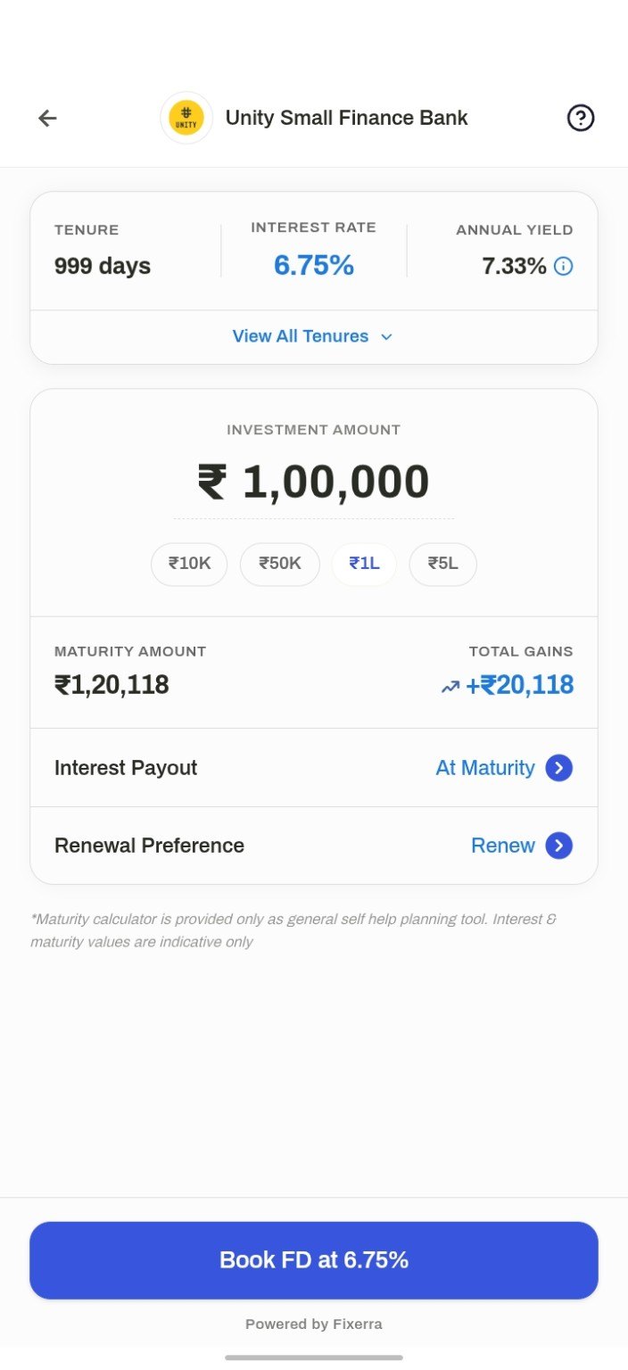 FD detail showing maturity amount before booking