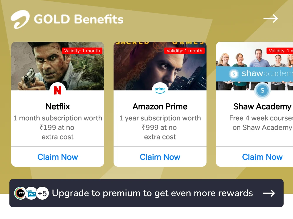 Gold Benefits cards on Home