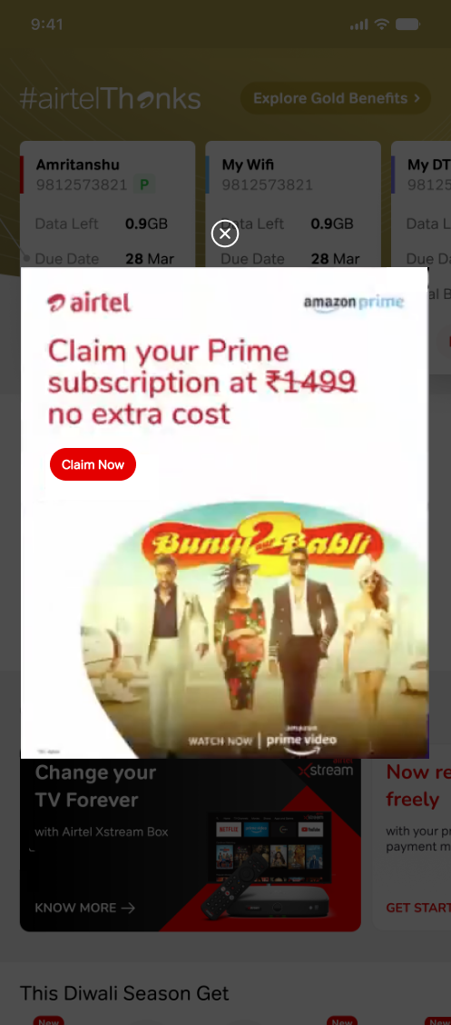 Airtel Thanks app home screen &mdash; variant B