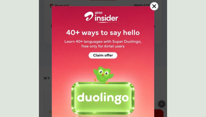 2026 Airtel app prompt for a Duolingo offer