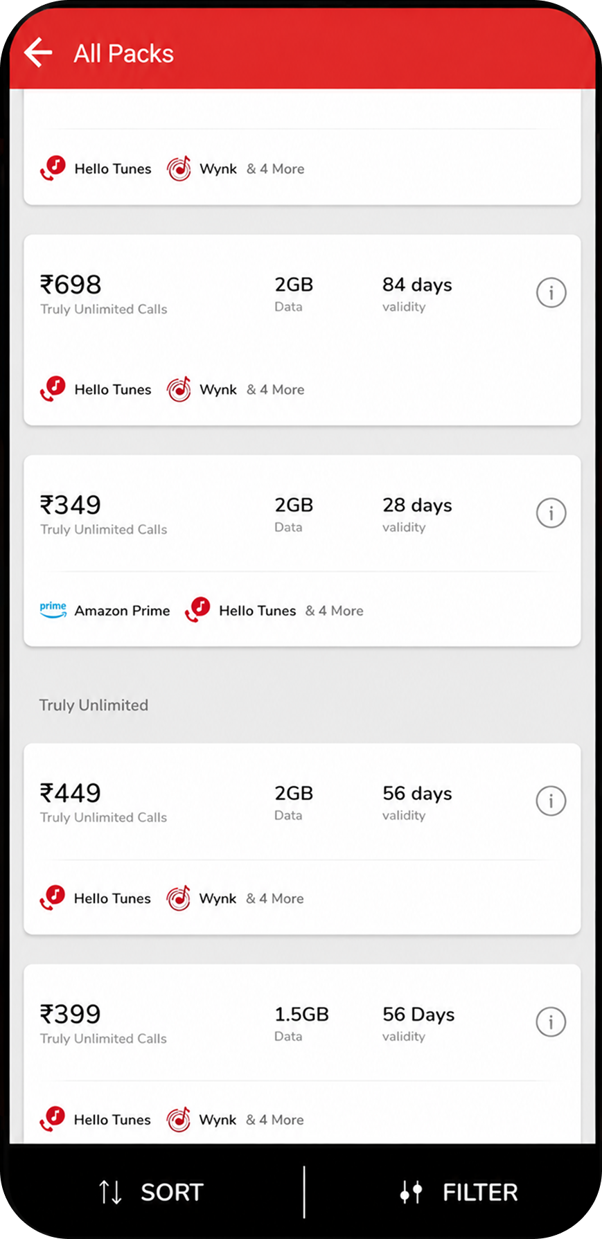 Airtel Thanks recharge journey screen