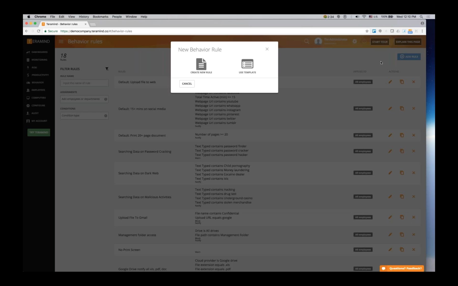Behaviour rules: new rule dialog