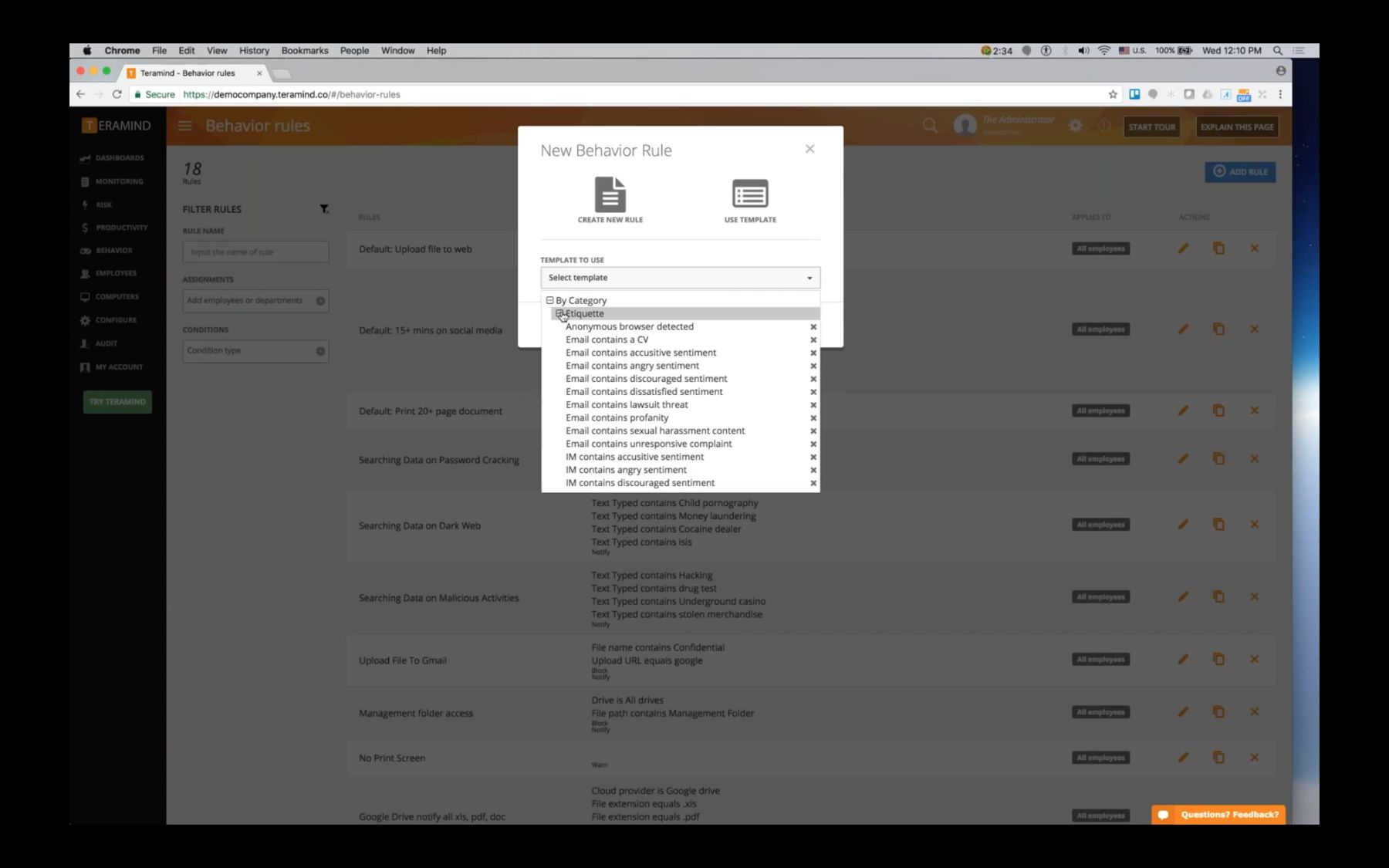 Behaviour rules: category selection