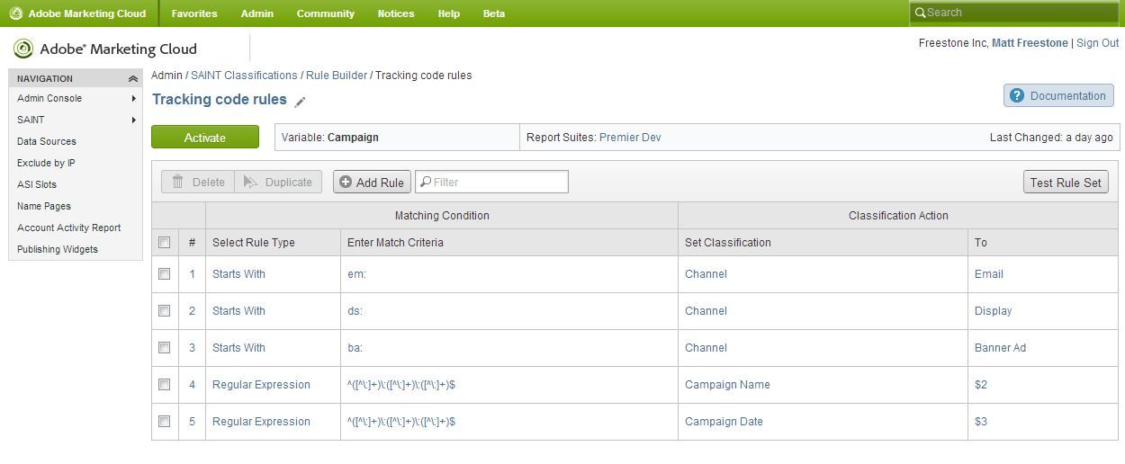 Adobe Marketing Cloud: tracking code rules, matching condition and classification action