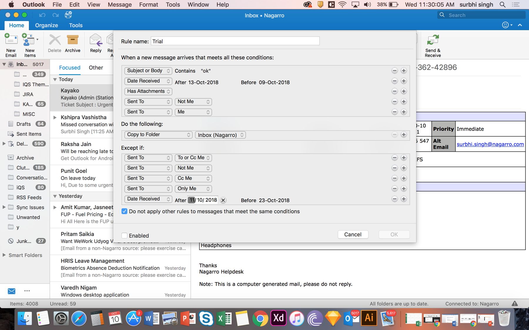 Outlook: rule conditions, actions and exceptions
