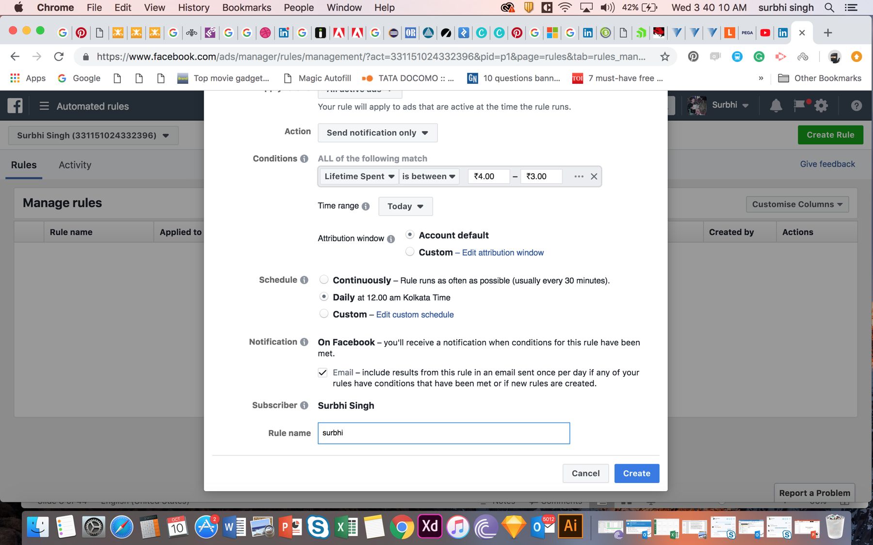 Facebook Ads: create rule with action, conditions, schedule