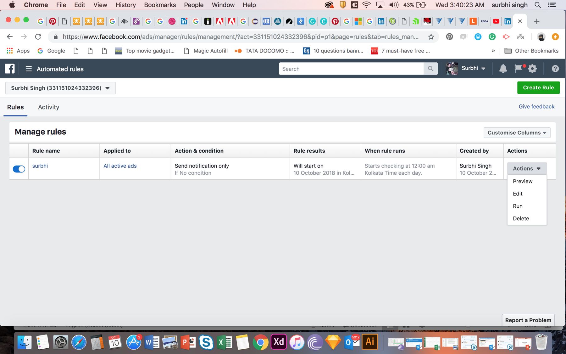 Facebook Ads: manage rules list with row actions