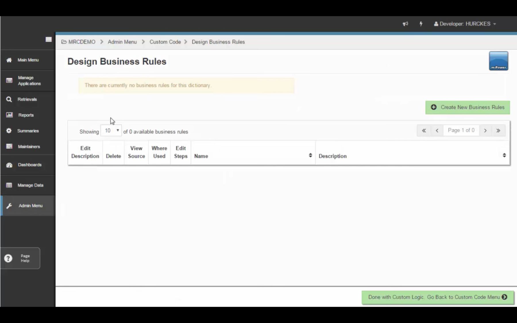 Business Rules Designer: list of business rules