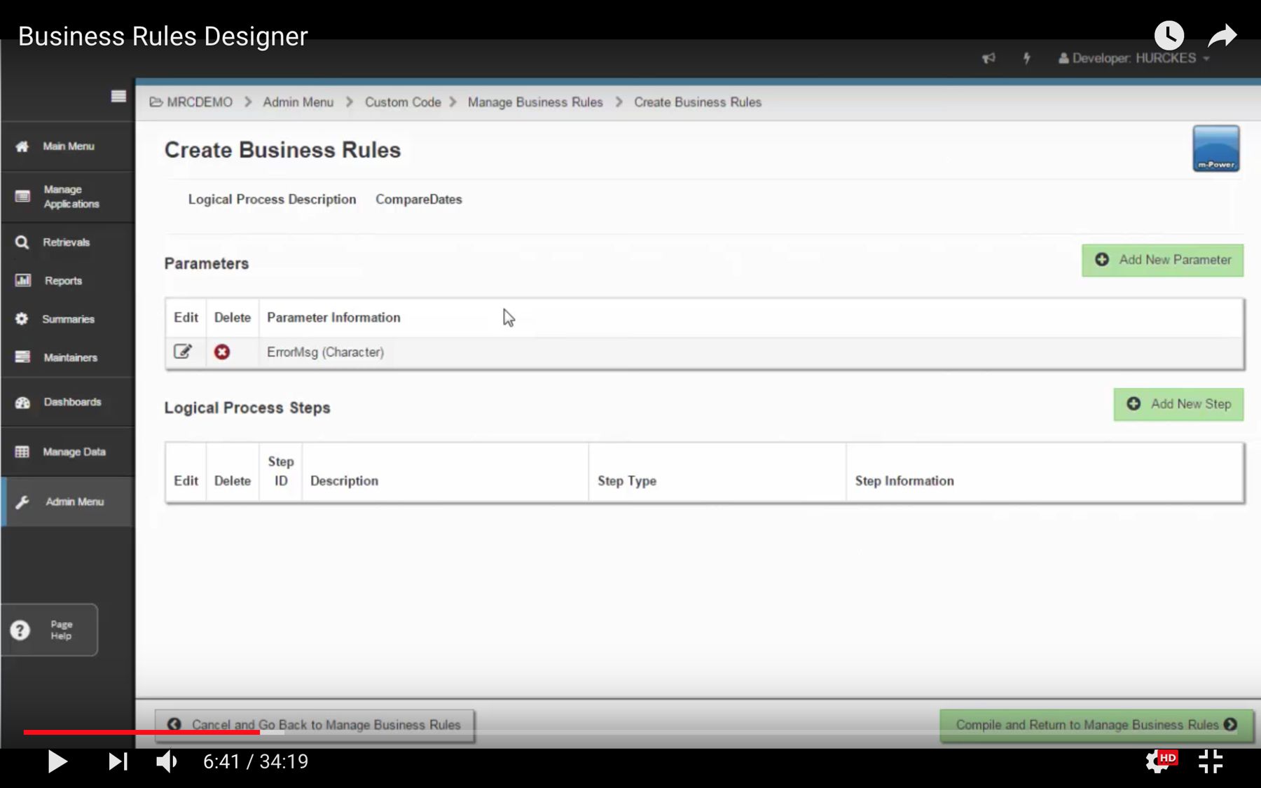Business Rules Designer: parameters and logical process steps (video)
