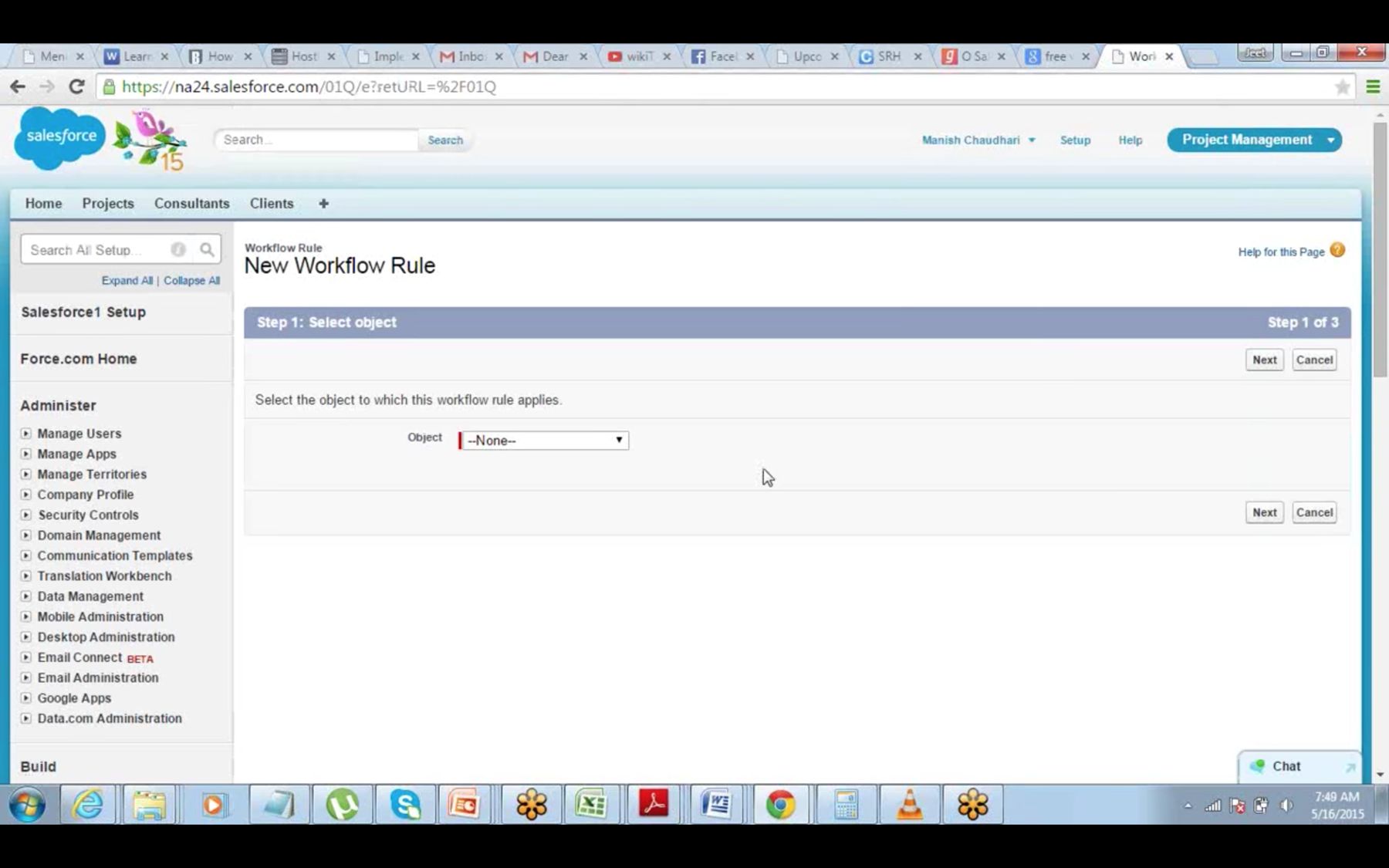 Salesforce: new workflow rule, select object