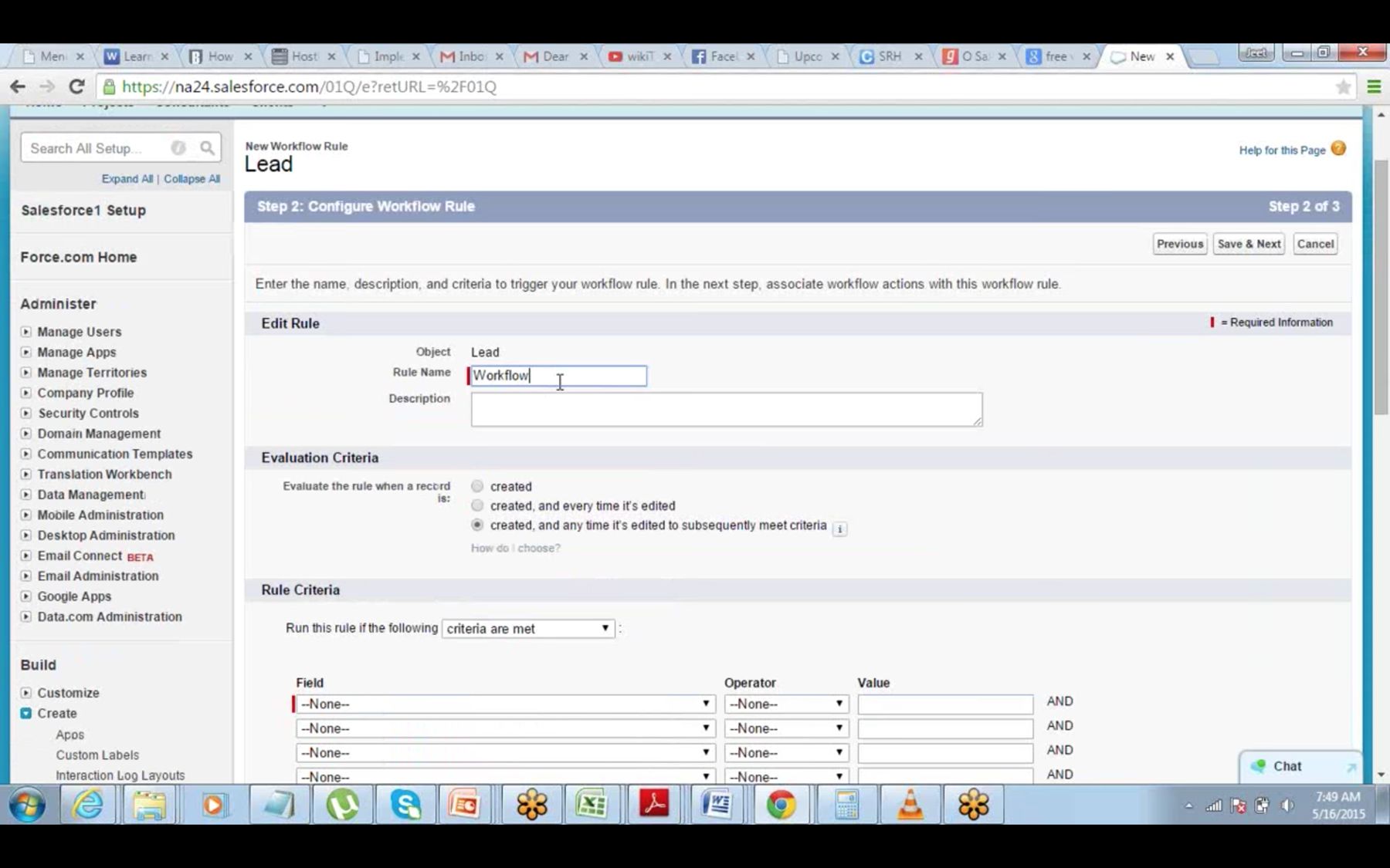 Salesforce: configure workflow rule, criteria