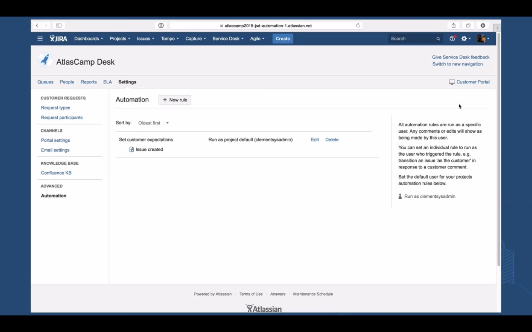 Jira Service Desk: automation rules list
