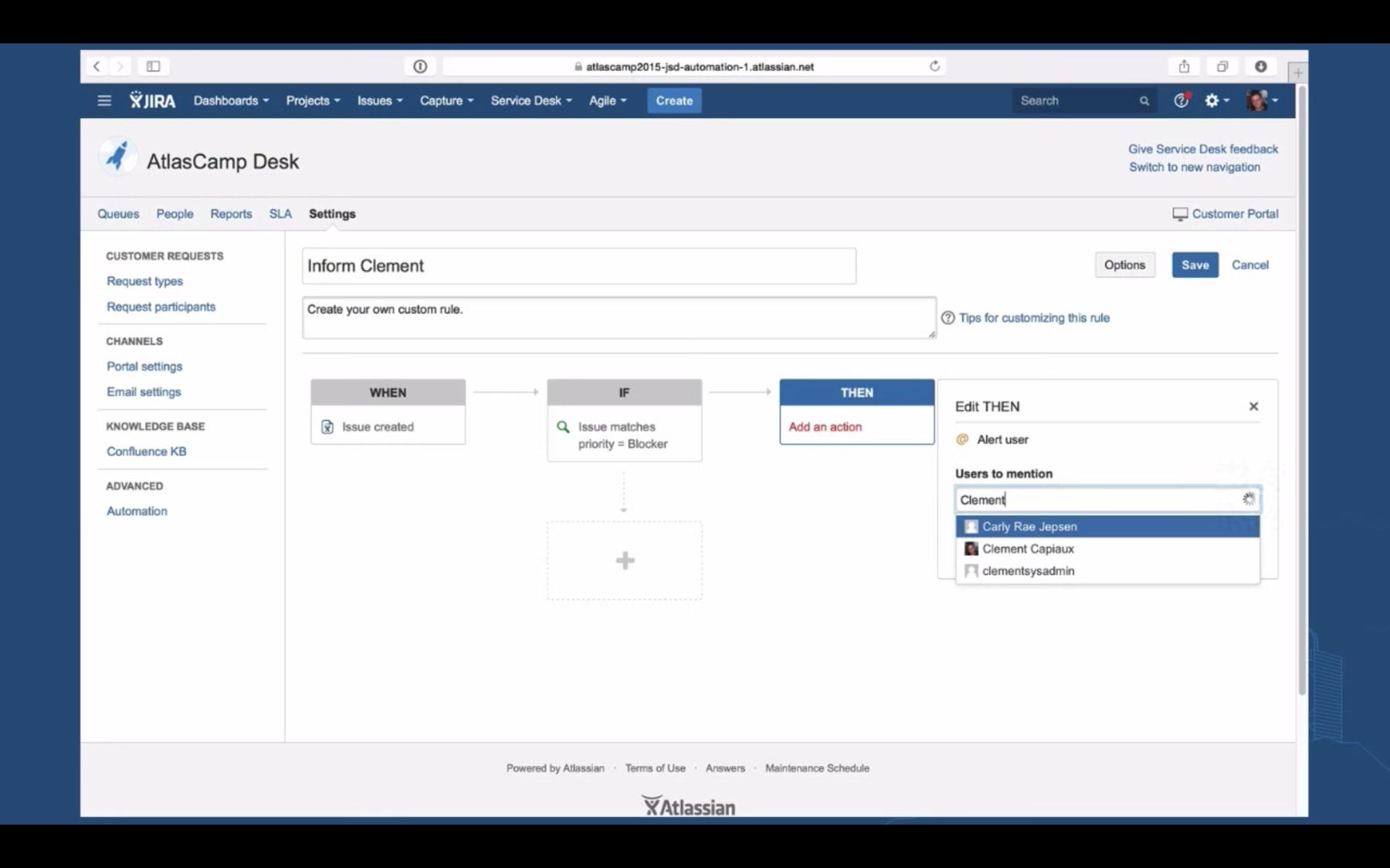 Jira Service Desk: When / If / Then builder