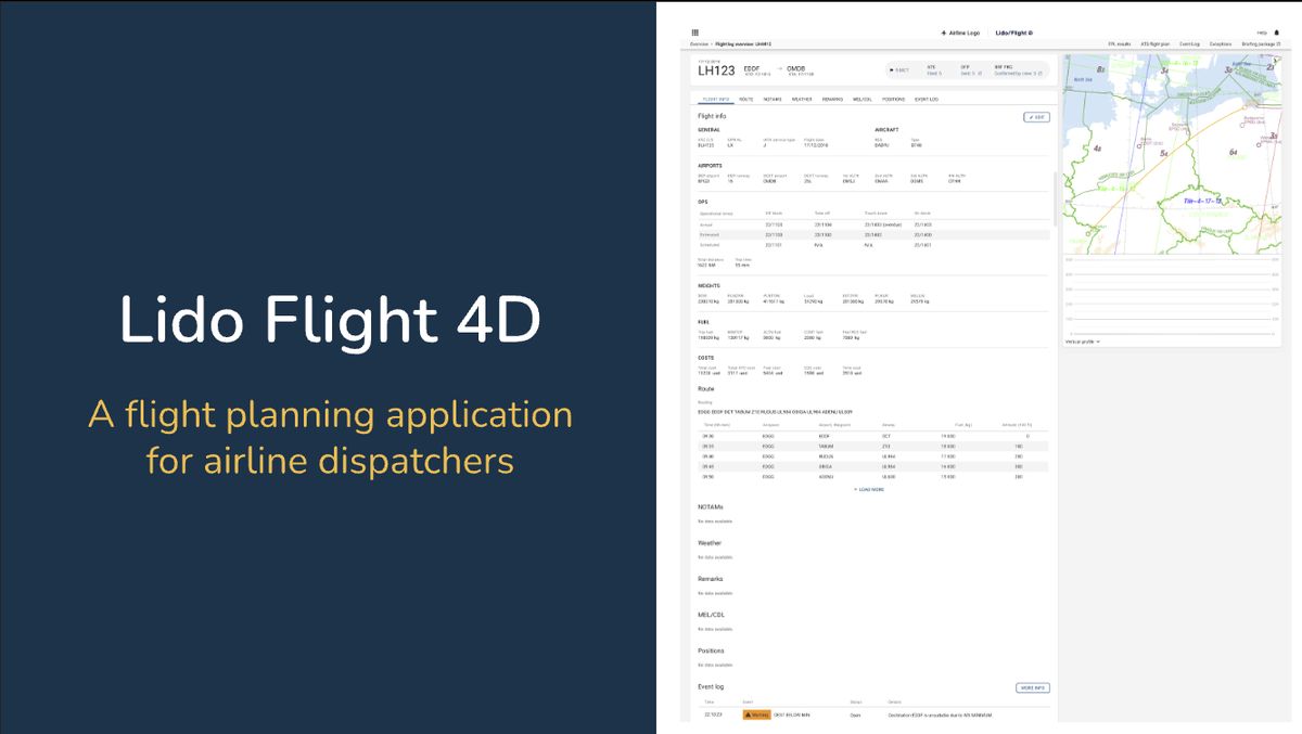 Lido Flight 4D, flight planning and monitoring three-panel workspace
