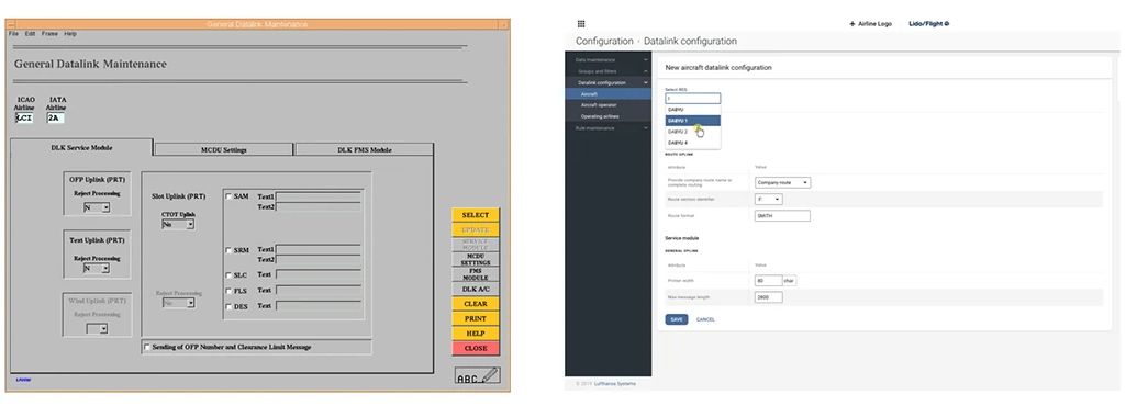 Side-by-side comparison of the legacy desktop interface and the redesigned Lido Flight 4D web interface