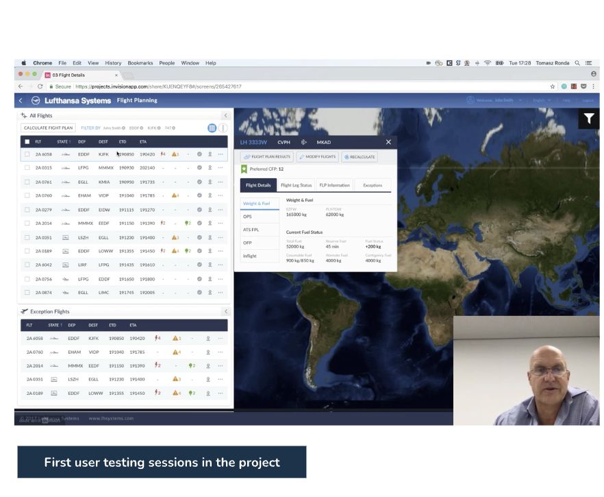 Early InVision prototype showing the flight list with a modal overlay covering it for flight details