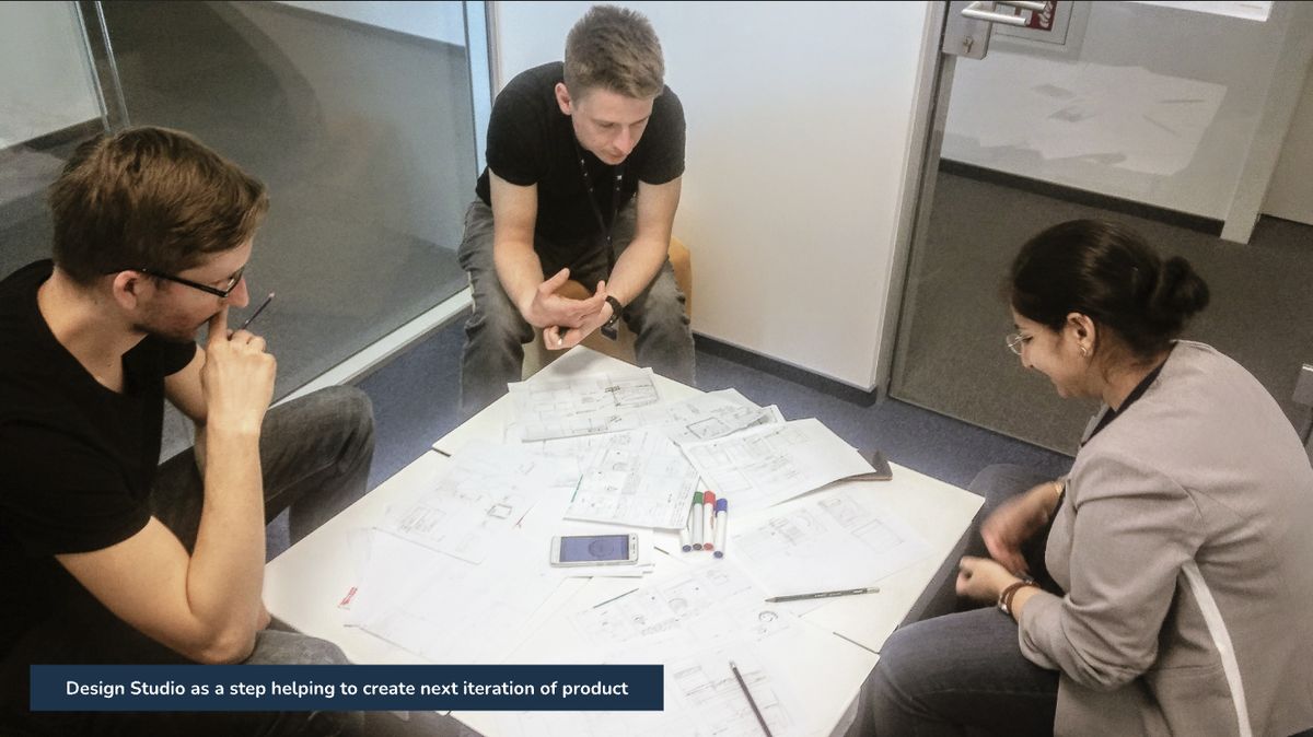 Design Studio session: team at table covered in hand-drawn UI sketches