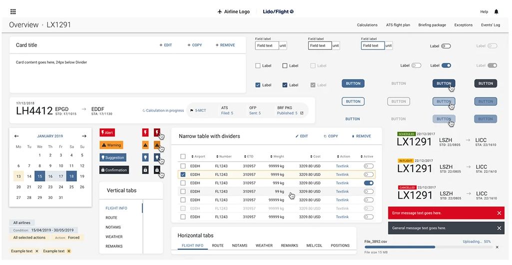 Design System: component library showing cards, status indicators, tabs, tables, buttons, toasts
