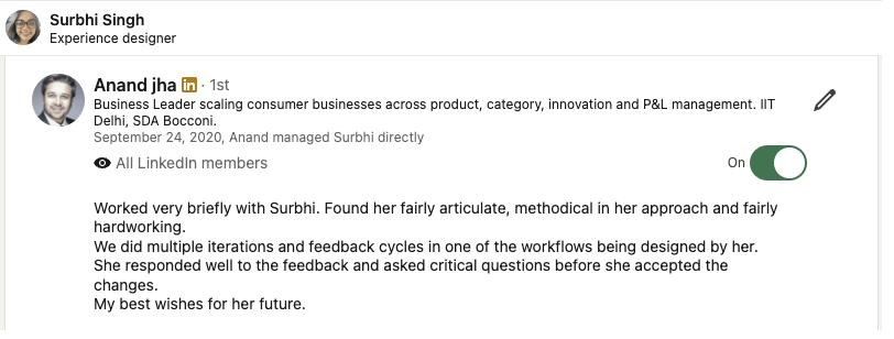 LinkedIn recommendation from Anand Jha, September 2020, noting multiple iterations and feedback cycles on a workflow designed by Surbhi, and that she asked critical questions before accepting changes.