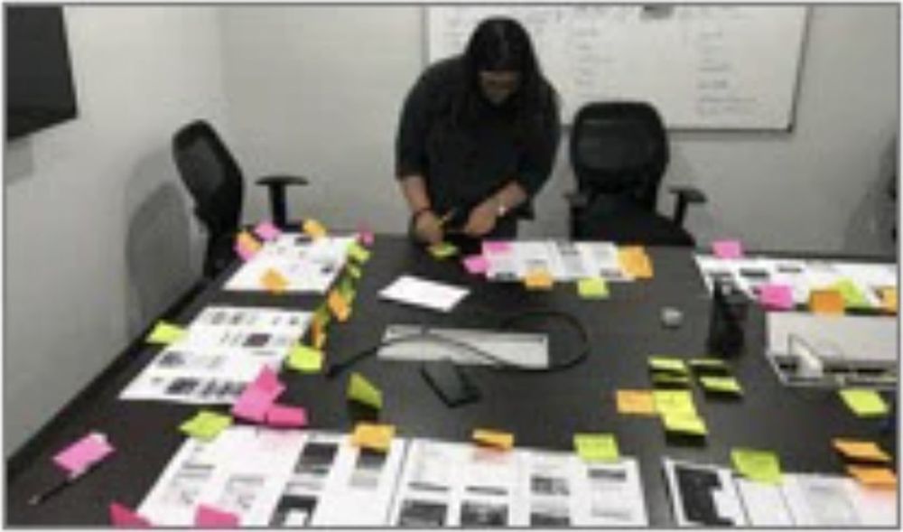 A designer standing over a table covered in printed screens and coloured sticky notes, clustering session observations into groups.