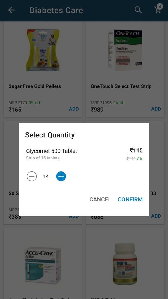 Diabetes Care category page with a quantity selector dialog open.