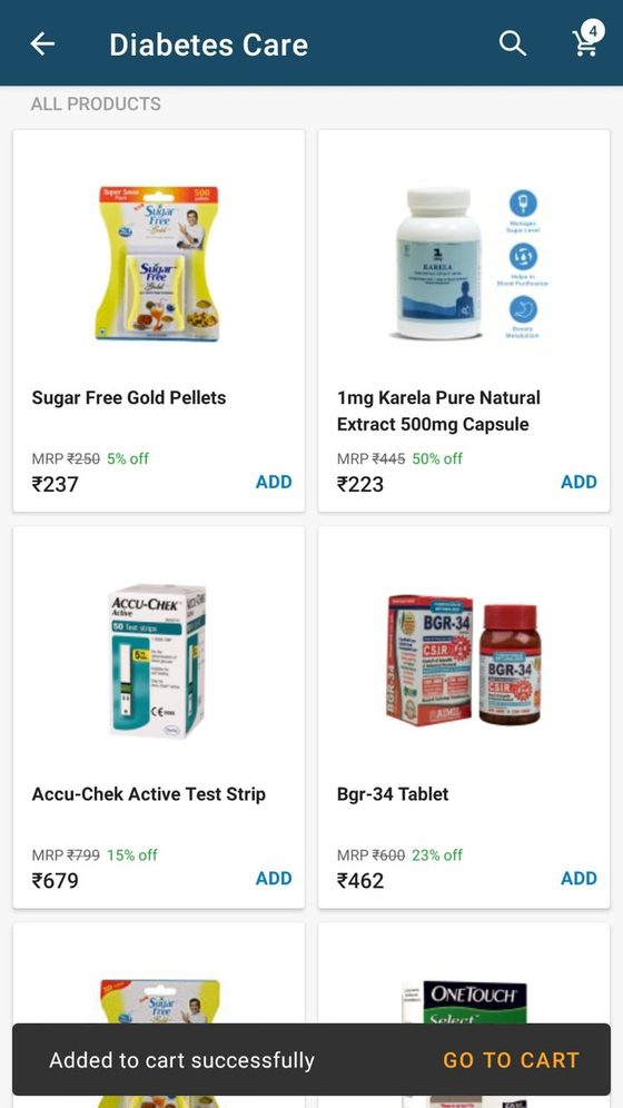 Category page showing an added-to-cart confirmation toast.