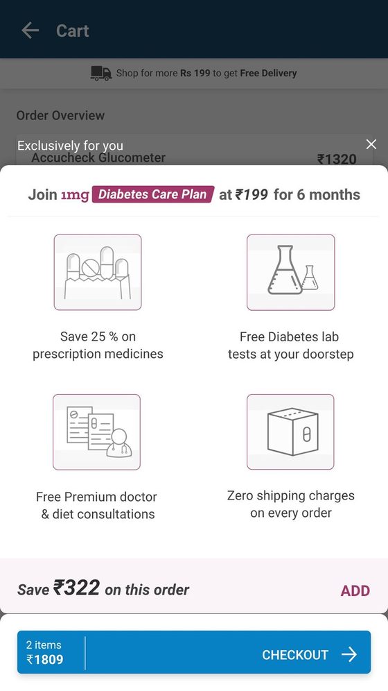 Cart with the expanded benefits sheet over a dimmed background.