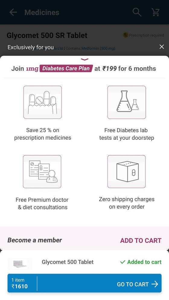 Expanded benefits sheet with an Add to cart action.