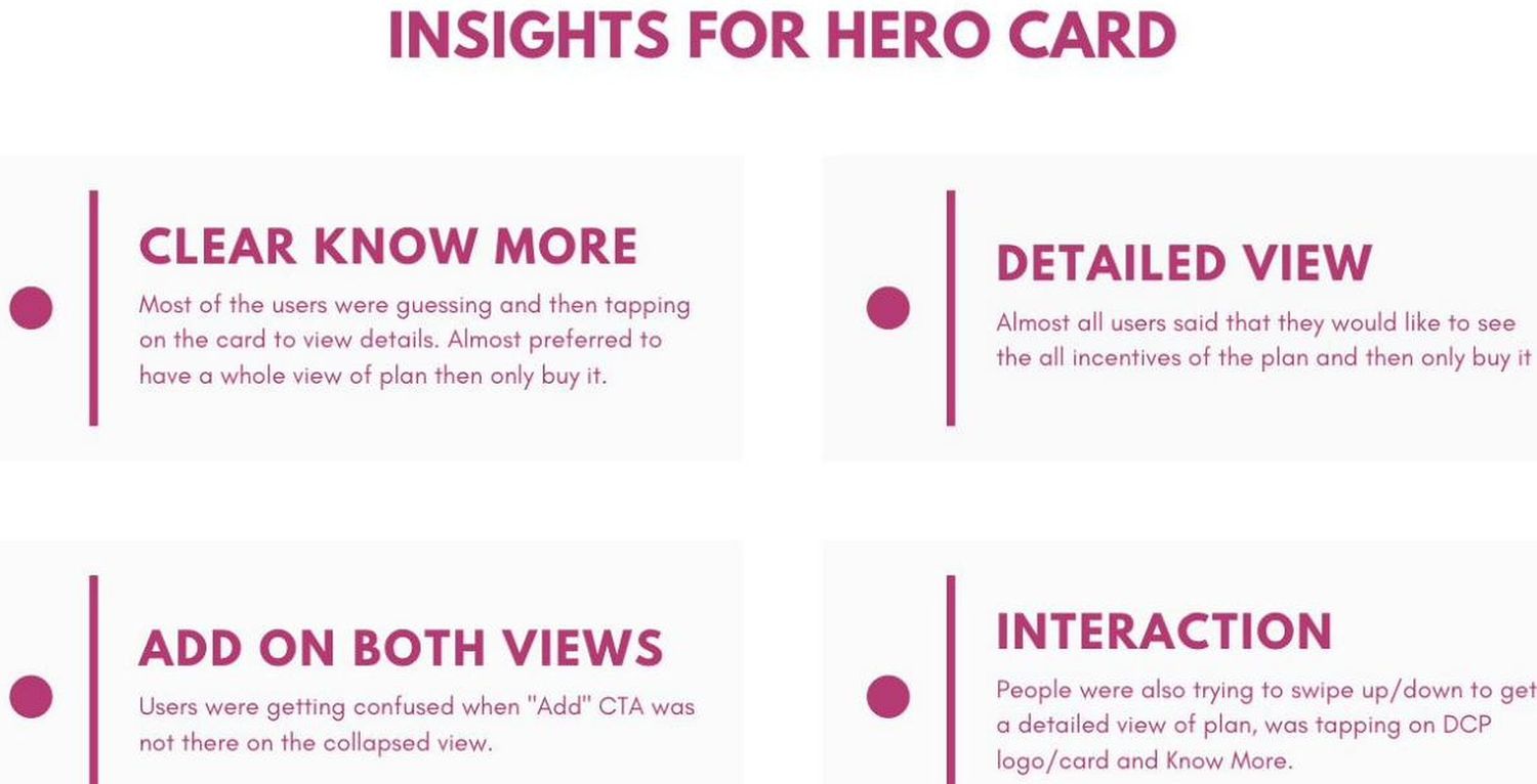 Insights for Hero Card slide from the 2019 deck listing four findings: Clear Know More, Detailed View, Add on both views, and Interaction.