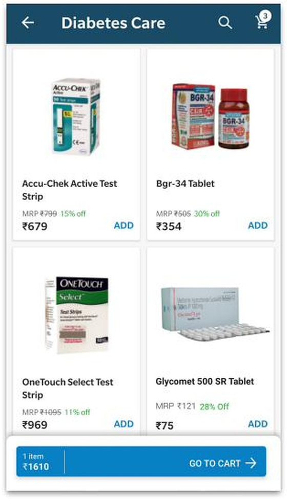 Diabetes Care category page listing test strips, tablets and other diabetes products.