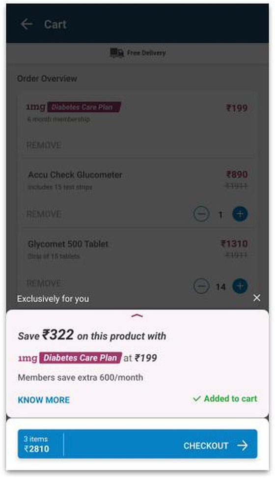 Cart with the membership added as a line item alongside the medicines.