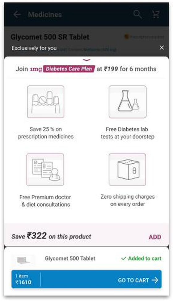 Expanded benefits sheet with four benefits and an Add to cart action.