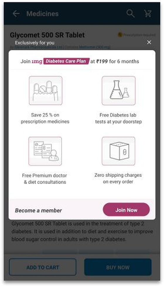 Benefits sheet with a Join Now action over a dimmed product page.